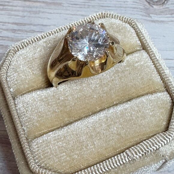 Retro Unisex Solitaire Gold Plated Ring Large Stone Wide Band Size 8.5 - Picture 8 of 11
